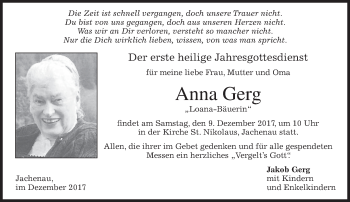 Traueranzeige von Anna Gerg von merkurtz