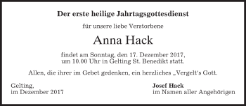 Traueranzeige von Anna Hack von merkurtz