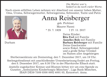Traueranzeige von Anna Reisberger von merkurtz