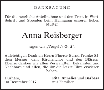 Traueranzeige von Anna Reisberger von merkurtz