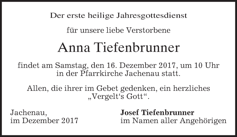  Traueranzeige für Anna Tiefenbrunner vom 13.12.2017 aus merkurtz