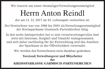 Traueranzeige von Anton Reindl von merkurtz