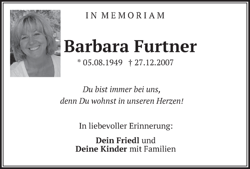  Traueranzeige für Barbara Furtner vom 27.12.2017 aus merkurtz
