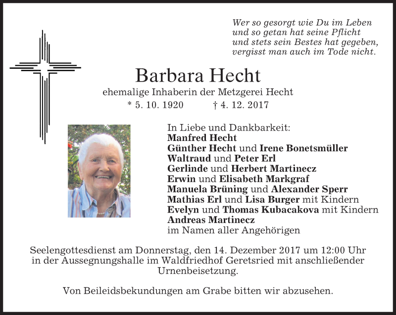  Traueranzeige für Barbara Hecht vom 09.12.2017 aus merkurtz
