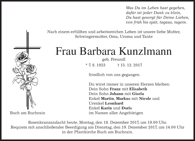  Traueranzeige für Barbara Kunzlmann vom 18.12.2017 aus merkurtz