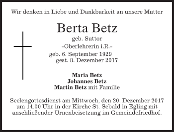 Traueranzeige von Berta Betz von merkurtz