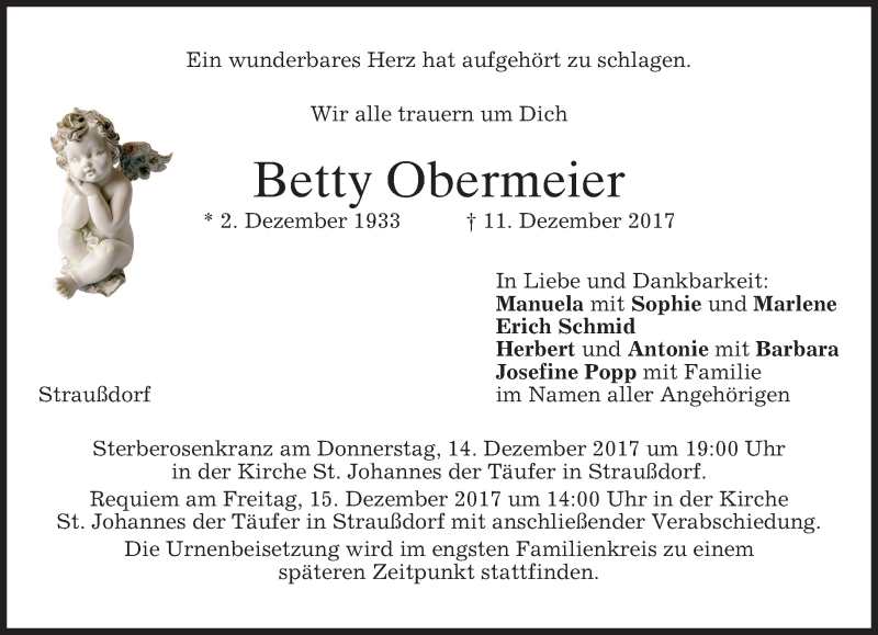  Traueranzeige für Betty Obermeier vom 13.12.2017 aus merkurtz