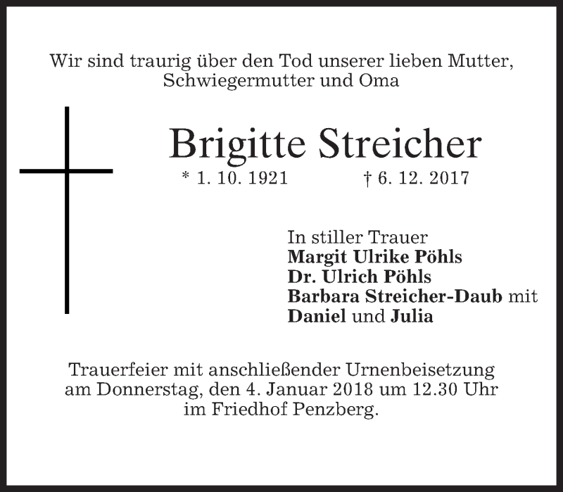  Traueranzeige für Brigitte Streicher vom 30.12.2017 aus merkurtz