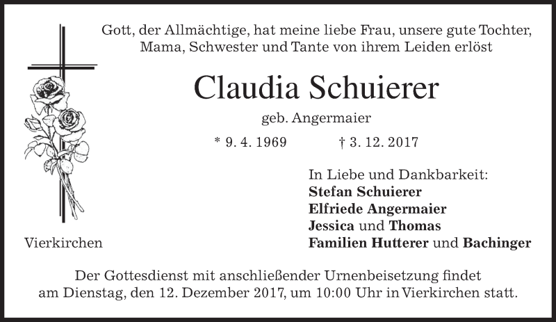  Traueranzeige für Claudia Schuierer vom 09.12.2017 aus merkurtz