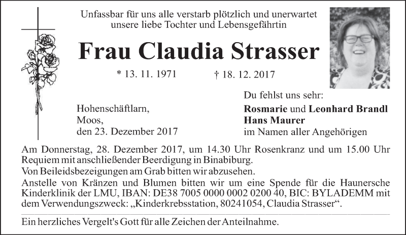  Traueranzeige für Claudia Strasser vom 23.12.2017 aus merkurtz