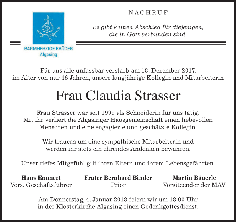  Traueranzeige für Claudia Strasser vom 28.12.2017 aus merkurtz