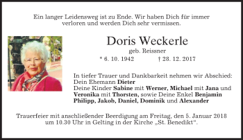 Traueranzeige von Doris Weckerle von merkurtz