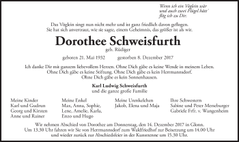 Traueranzeige von Dorothee Schweisfurth