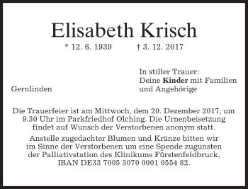 Traueranzeige von Elisabeth Krisch von merkurtz