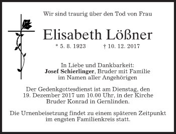 Traueranzeige von Elisabeth Lößner von merkurtz
