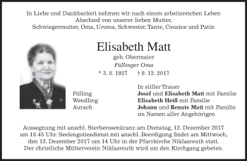 Traueranzeige von Elisabeth Matt von merkurtz