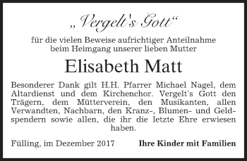 Traueranzeige von Elisabeth Matt von merkurtz