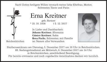 Traueranzeige von Erna Kreitner von merkurtz