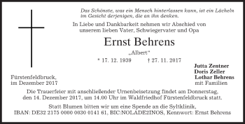Traueranzeige von Ernst Behrens von merkurtz