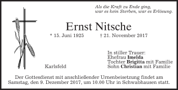Traueranzeige von Ernst Nitsche von merkurtz