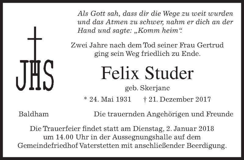  Traueranzeige für Felix Studer vom 30.12.2017 aus merkurtz