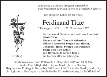 Traueranzeige von Ferdinand Titze von merkurtz