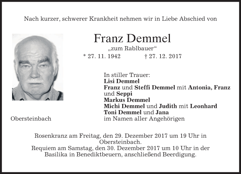 Traueranzeigen von Franz Demmel | trauer.merkur.de