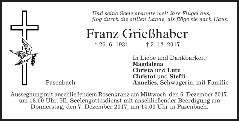  Traueranzeige für Franz Grießhaber vom 05.12.2017 aus merkurtz