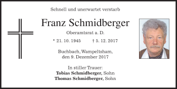 Traueranzeige von Franz Schmidberger von merkurtz
