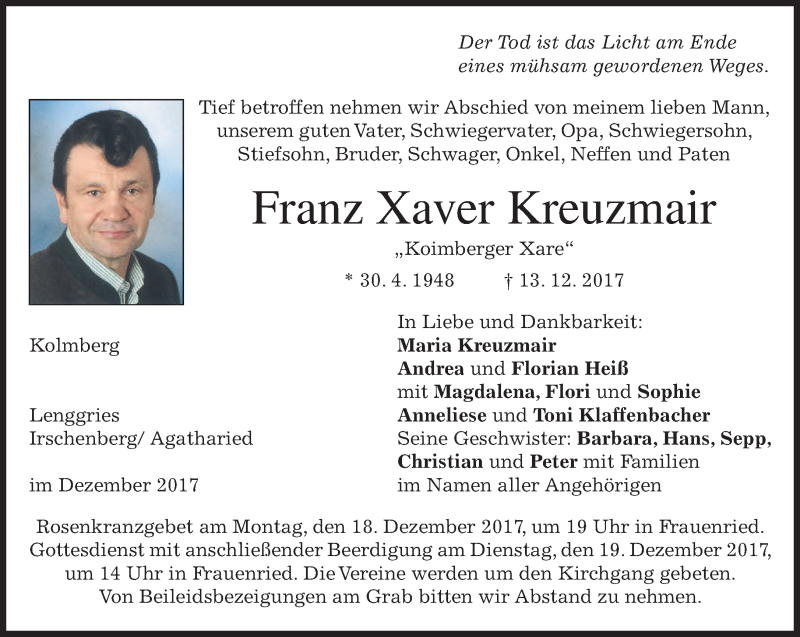 Traueranzeige für Franz Xaver Kreuzmair vom 16.12.2017 aus merkurtz