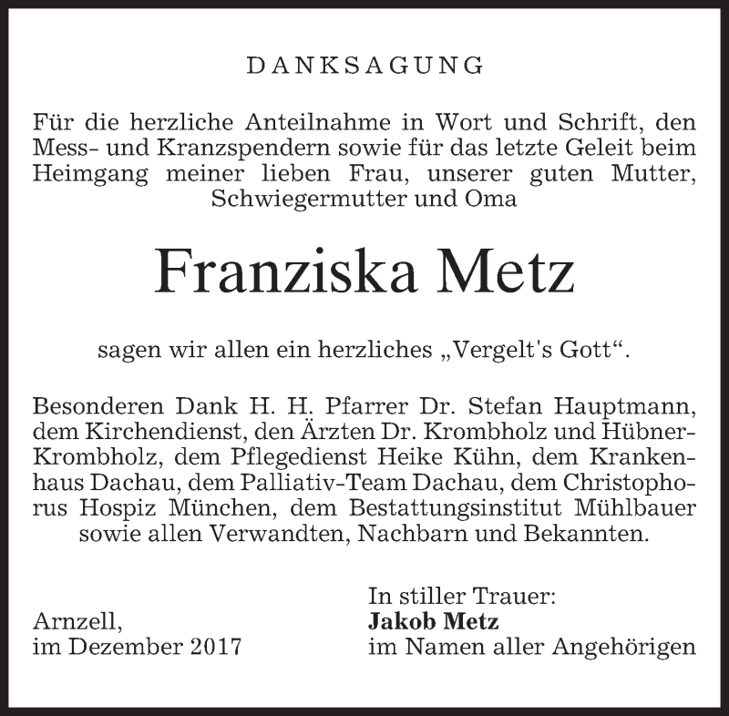  Traueranzeige für Franziska Metz vom 09.12.2017 aus merkurtz
