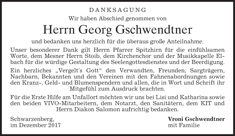  Traueranzeige für Georg Gschwendtner vom 02.12.2017 aus merkurtz