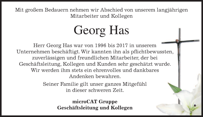 Traueranzeige für Georg Has vom 16.12.2017 aus merkurtz