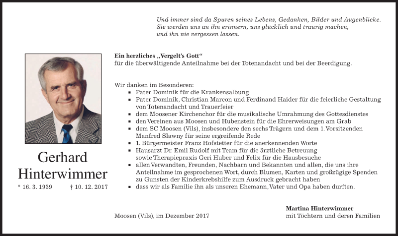  Traueranzeige für Gerhard Hinterwimmer vom 30.12.2017 aus merkurtz