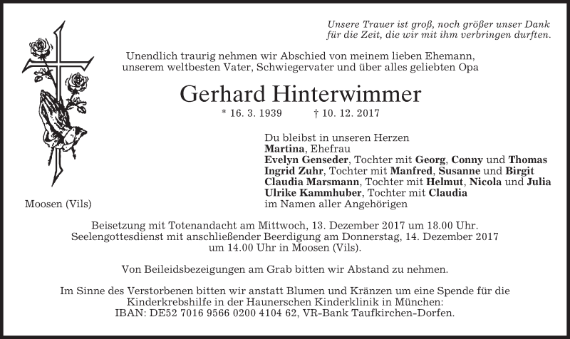  Traueranzeige für Gerhard Hinterwimmer vom 12.12.2017 aus merkurtz