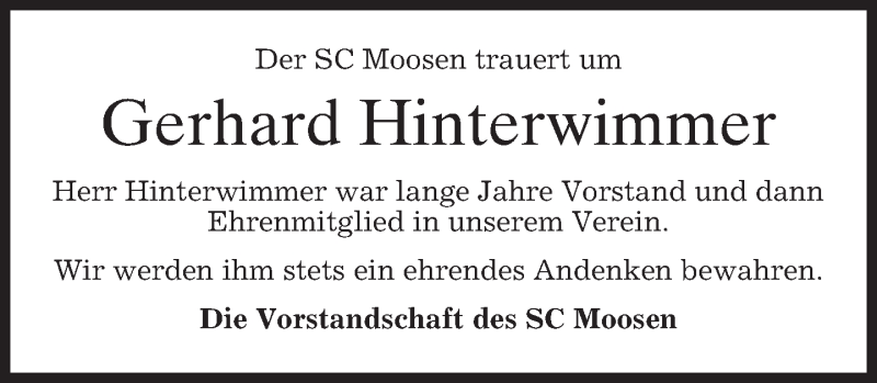  Traueranzeige für Gerhard Hinterwimmer vom 14.12.2017 aus merkurtz