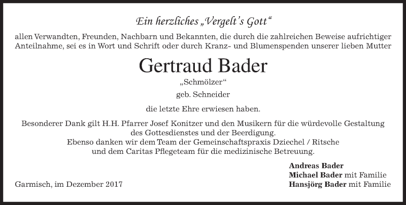  Traueranzeige für Gertraud Bader vom 16.12.2017 aus merkurtz