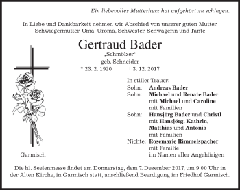Traueranzeige von Gertraud Bader von merkurtz
