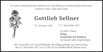 Traueranzeige von Gottlieb Sellner