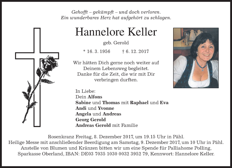  Traueranzeige für Hannelore Keller vom 07.12.2017 aus merkurtz