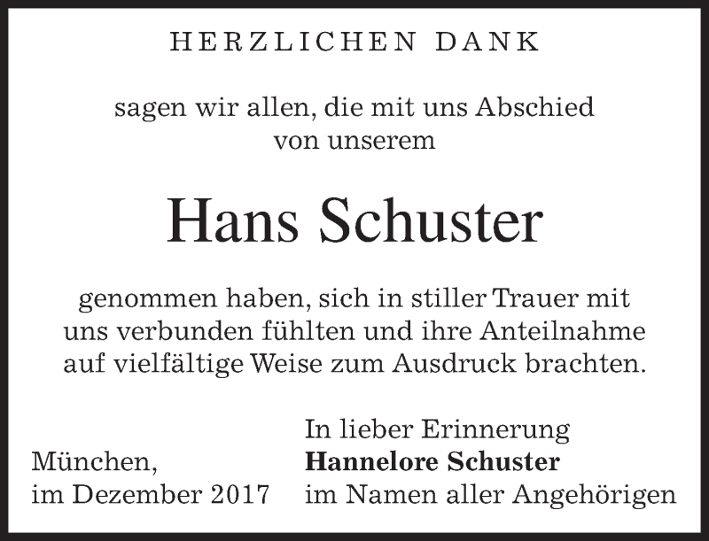  Traueranzeige für Hans Schuster vom 02.12.2017 aus merkurtz
