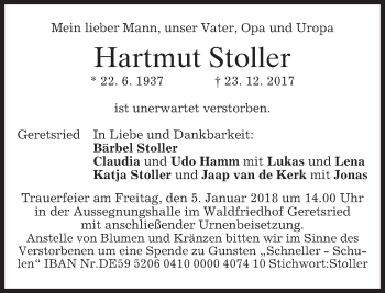 Traueranzeige von Hartmut Stoller von merkurtz