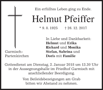 Traueranzeige von Helmut Pfeiffer von merkurtz
