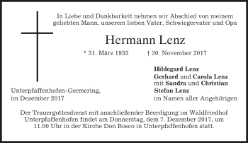 Traueranzeige von Hermann Lenz von merkurtz