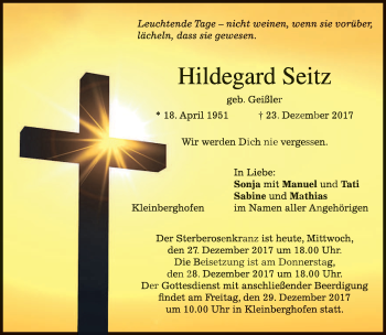Traueranzeige von Hildegard Seitz