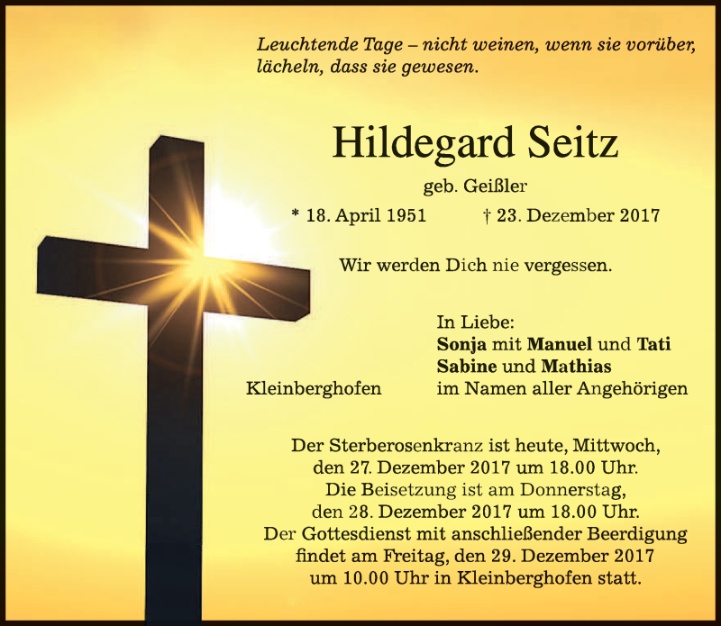  Traueranzeige für Hildegard Seitz vom 27.12.2017 aus merkurtz