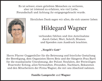 Traueranzeige von Hildegard Wagner