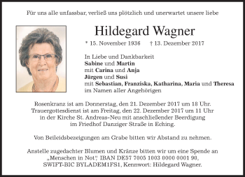 Traueranzeige von Hildegard Wagner