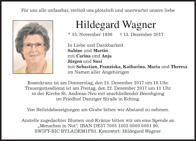  Traueranzeige für Hildegard Wagner vom 19.12.2017 aus merkurtz