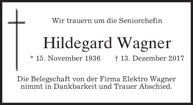  Traueranzeige für Hildegard Wagner vom 19.12.2017 aus merkurtz